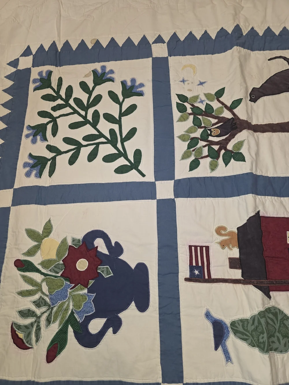 Handmade Blue & White Patchwork Quilt - Floral & Animal Motifs